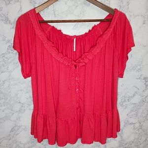 Free People Too Women Size M Coral Red Ruffle Relaxed Fit